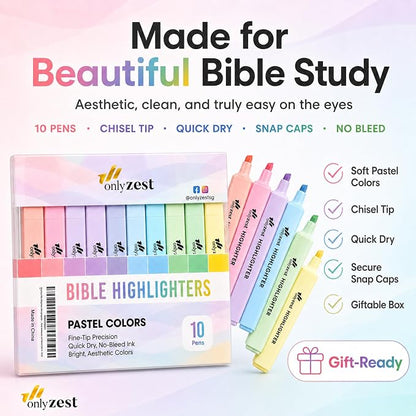 10 Aesthetic Bible Highlighters - Chisel Tip Liquid Ink Marker | Pen with Snap Caps for Clean Highlighting - Assorted Colors, No Bleed & Quick Dry - Bible Marker for Journaling & Studying