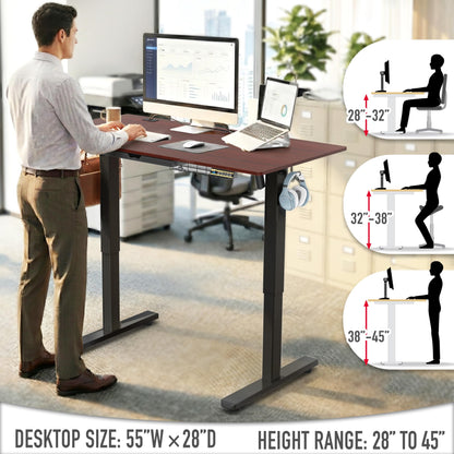 55 x 28 Inches Electric Height Adjustable Standing Desk with Drawer and Memory Preset, Cherry