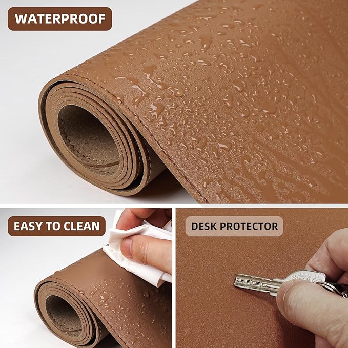Leather Desk pad Protector, Large Desk mat with Natural Cork & PU Leather,Mouse pad,Non-Slip Office Desk Mat,Waterproof Desk Writing Pad for Office and Home (35in*17in, Brown)