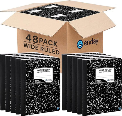Emraw Composition Notebooks (48 Pack) Wide Ruled Paper Bulk, Hard Cover Composition Notebook, Lined Composition Books, 200 Pages (100 Sheets), Wide Ruled Notebook, (Black Marble)