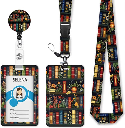 Floral Bookshelf Lanyards for ID Badges, Badge Holder with Lanyard Detachable, Badge Reel Retractable Keychain Clip, Cruise Ship Cards Holder Protector Name Tags, Teacher Nurse Office Women Gifts