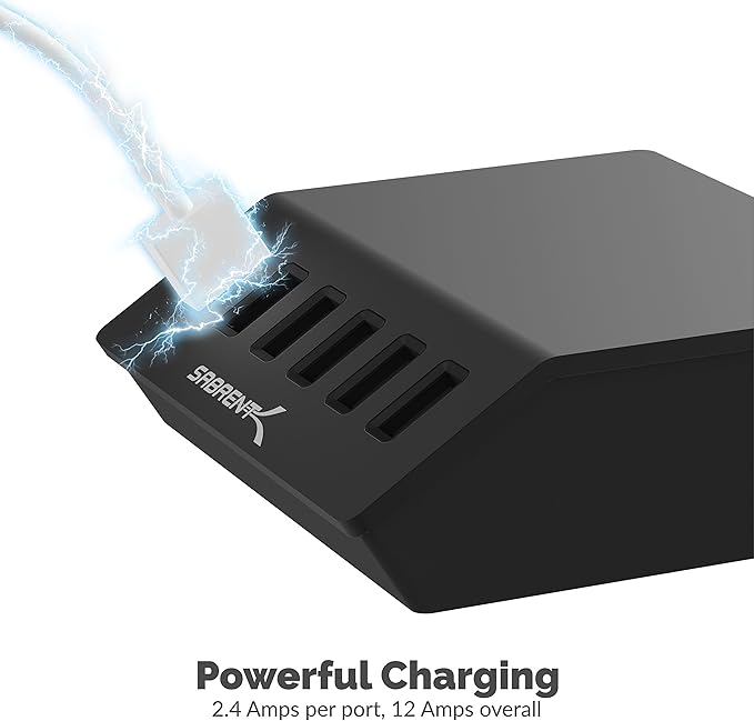 SABRENT Premium 60 Watt (12 Amp) 6 Port Aluminum Family Sized Desktop USB Rapid Charger.[UL Certified ] Smart USB Charger with Auto Detect Technology [Black] (AX-FLCH-B)