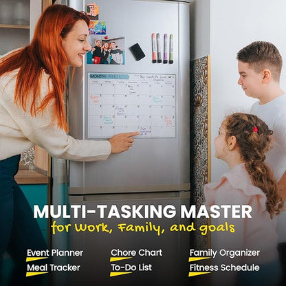 Monthly Magnetic Calendar for Refrigerator - 17x12” Stain-Resistant Dry Erase Fridge Calendar Whiteboard with Large Writing Space for Schedules, Chores & Meals - With 4 Markers & Eraser - Sunday Start