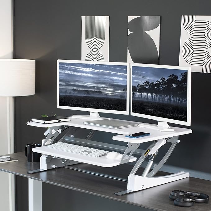 VIVO 36 inch Height Adjustable Stand Up Desk Converter, V Series, Quick Sit to Stand Tabletop Dual Monitor Riser Workstation, White, DESK-V000VW