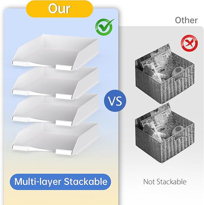 4 Pack Stackable Paper Trays for Letter Documents, Desktop File Organizers for Office Supplies, Stackable Desk Tray Holder for Paper Storage, White