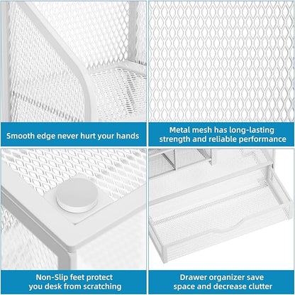 Marbrasse Mesh Pen Holder for Desk, Multi-Functional Pencil Organizer with Drawer, Desk Organizers and Accessories for Office Art Supplies (White)