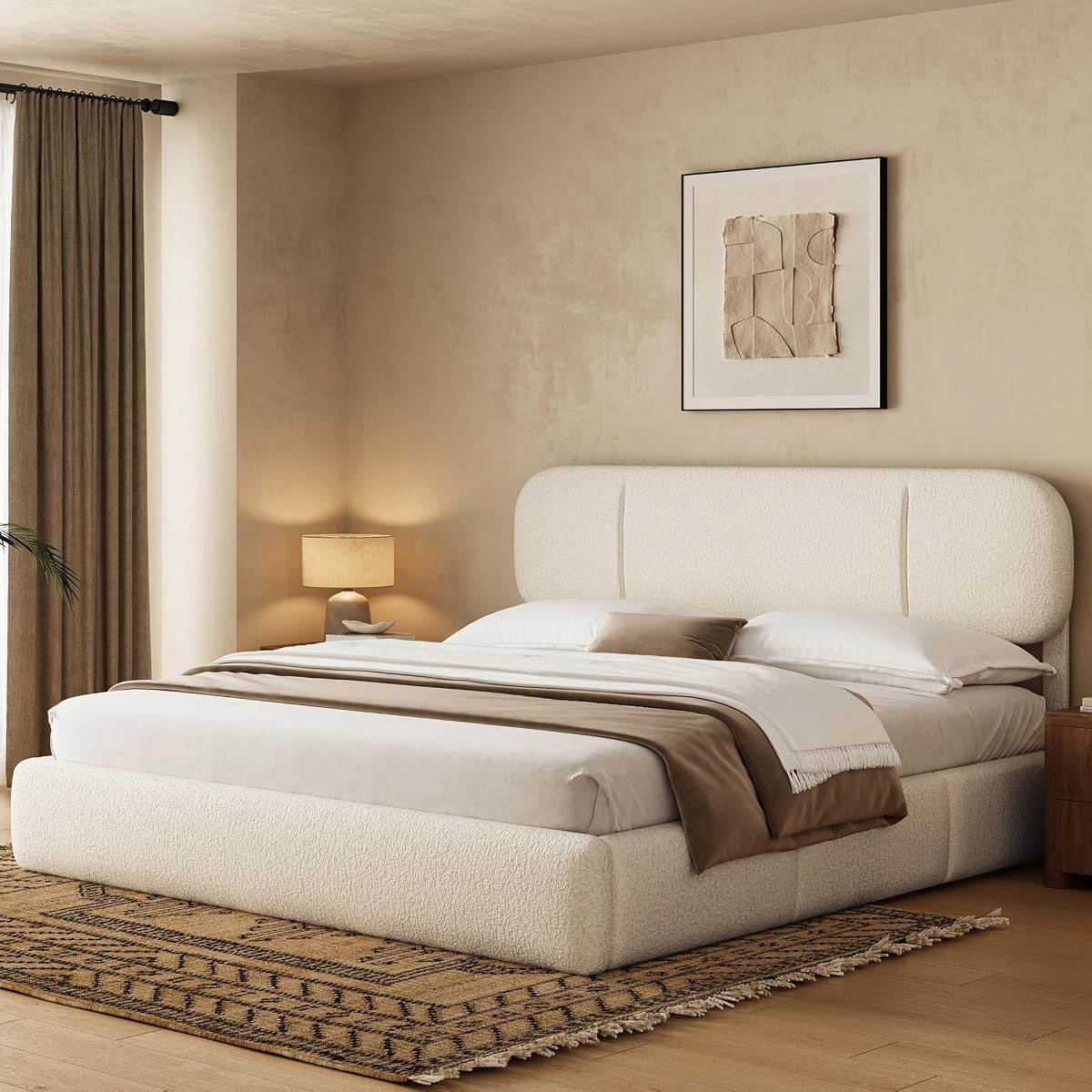 King Size Cloud Bed Frame with LED & 4 Drawers, Beige