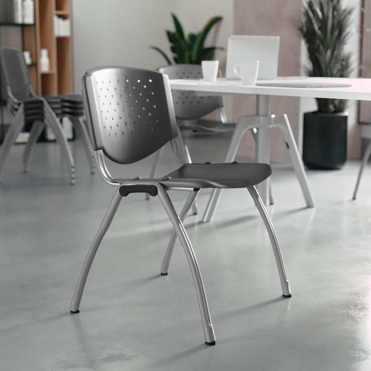 880 lb. Capacity Gray Plastic Stack Chair with Titanium Gray Powder Coated Frame