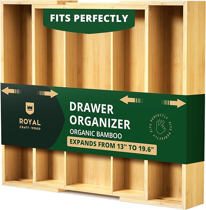 ROYAL CRAFT WOOD Luxury Bamboo Kitchen Drawer Organizer - Silverware Organizer - Utensil Holder and Cutlery Tray with Grooved Drawer Dividers for Flatware and Kitchen Utensils (5 Slot, Natural)