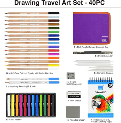 COLOUR BLOCK 40-Piece Drawing Travel Art Set – Portable Sketch and Drawing Art Kit with 16 Colored Pencils, 12 Soft Pastels, 2 Sketching Pencils, 8 Tools, Pad, Zip Case for Beginners, Artists, Adults