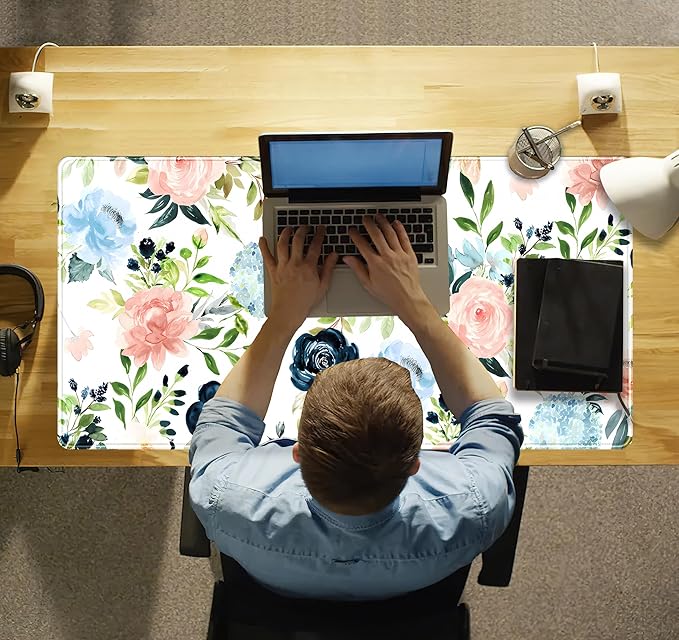 Pink Blue Floral Desk Mat Mousepad Cute Flowers Mouse Pad Gaming XL Large Extended Desk Pad Desk Matt for Desktop, Computer Laptop Keyboard Mouse Mat for Women Office Decor Accessories 31.5x15.7 in