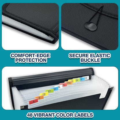 H4D 13-Pocket Accordion File Organizer, Expanding File Folder, Black | Extra Back Mesh Pocket, Letter Size Paper, Pre-Printed and Customizable Labels, Expandable Document Organizer
