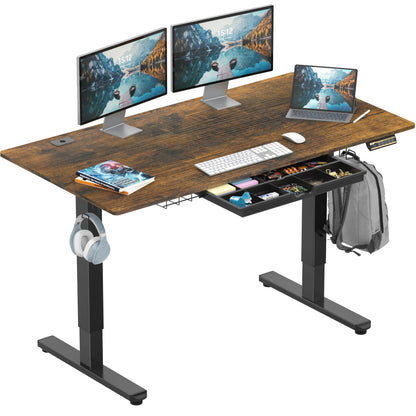 55 x 28 Inches Electric Height Adjustable Standing Desk with Drawer and Memory Preset, Rustic Brown