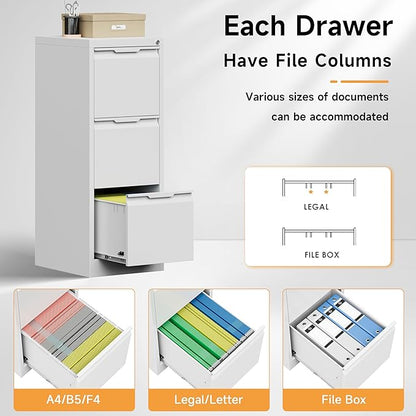 Bestoo 3-Drawer File Cabinet with Lock, Metal Filing Cabinet for Home Office, Vertical Filing Storage Cabinets, Fits File Folders, Letter/Legal/F4/A4 Size, Assembly Required (White)