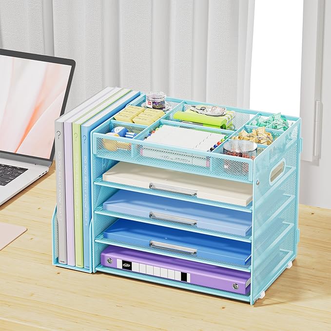 Marbrasse 5-Tier Desk Organizer with File Holder,Paper Letter Tray Organizer,Desktop File Organizer with Adjustable Compartments,Mesh Desk Organizers and Accessories for Office Supplies,Blue