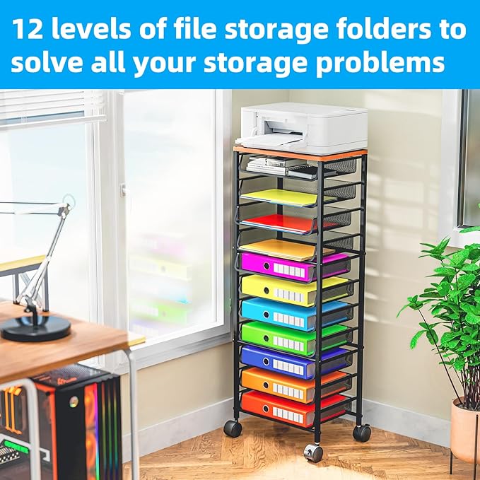 Simple Trending 12 Tier Rolling File Cart,Wood Desk File Organizer with Sliding Trays and Wetal Mesh Paper Letter Storage Multi-Functional Rolling Clutter Cart for Office, Home, School, Black