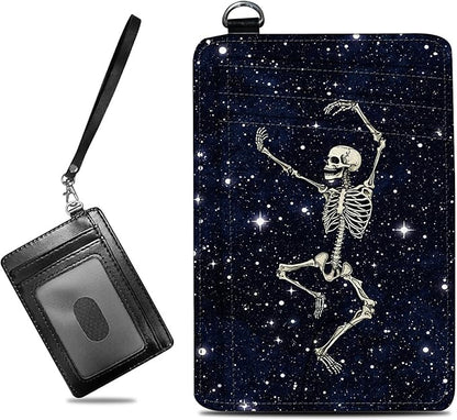 BWEGRHE Small Travel Wallets, Dance Skull Skeleton Slim Minimalist Front Pocket Wallet with Wristlet, RFID Blocking PU Leather Credit Card Holder with ID Window Change Purse for Men Women