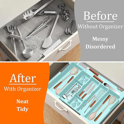 Large Utensil Drawer Organizer Expandable Silverware Organizer for Kitchen Drawer Adjustable Cooking Utensil Holder Cutlery Flatware Tray Spatula Tools Gadgets Storage Dividers Plastic Turquoise