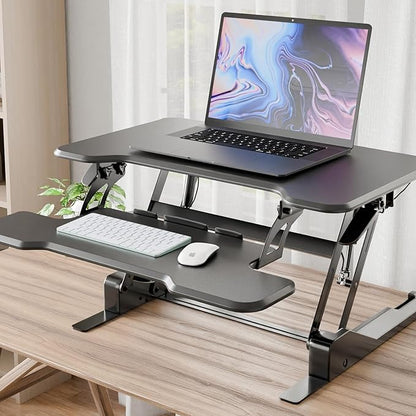 Mount-It! Height Adjustable Standing Desk Converter, Compact 30” Wide Tabletop Standing Desk Riser with Gas Spring, Desktop Stand Up Workstation with Keyboard Tray Fits Monitor or Laptop, Black