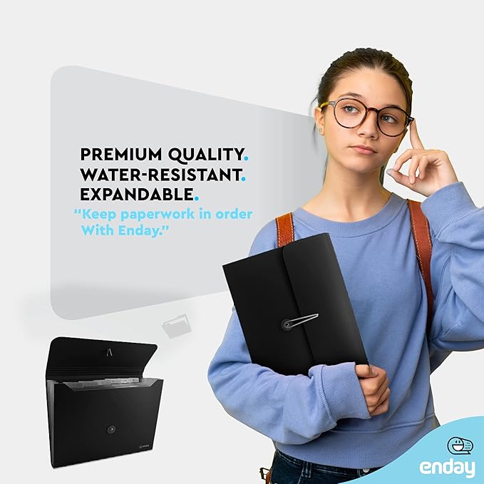 Accordion File Organizer Black, 7 Pocket Expanding File and Cover Folder with Labels, Plastic Portable Desktop Letter A4 Paper – by Enday