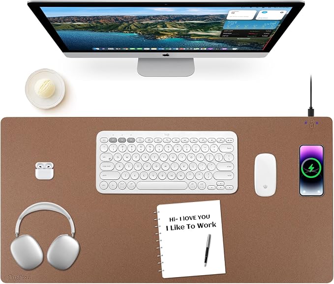 Wireless Charging Mouse Pad Firelison 2 in 1 Leather Multifunctional Office Desk Pad with Non-Slip Rubber Base, Waterproof Desk pad for Computers/Office/Work/Home/Decor（ 32" x 16"Buff - R）