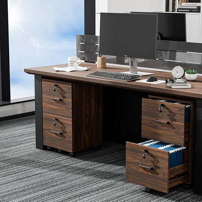 VINGLI 2 Drawer File Cabinet with Lock, Wood Dark Brown File Cabinets for Letter Size File Folders with Tabs, Under Desk Rolling Filing Cabinet for Home Office, Mobile File Organizer Printer Stand