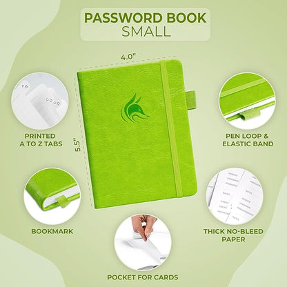Clever Fox Password Book with alphabetical tabs. Internet Address Organizer Logbook. Small Pocket Password Keeper for Website Logins (Green)
