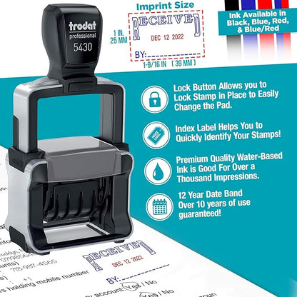 Trodat 5430 Professional Self-Inking Date Stamp with Paid - Blue/Red 2 Color Ink