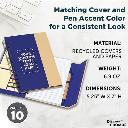 DISCOUNT PROMOS Custom Eco Friendly Spiral Notebooks with Pens Set of 10, Personalized Bulk Pack - Perfect for School, Office, Home - Blue