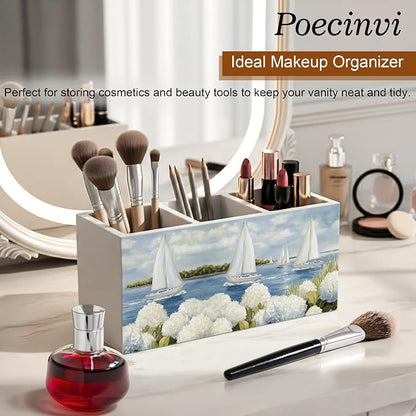 White Hydrangea Coastal Beach Pen Holder for Home Office Desk, Beach House Decor, Nautical Sailboat Hydrangea Flower Wooden Box Sign Pencil Holder for Desk Shelf Organizer
