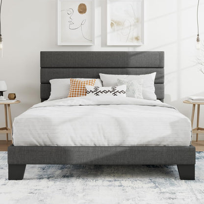 Full Platform Bed Frame with Upholstered Fabric Headboard, Grey