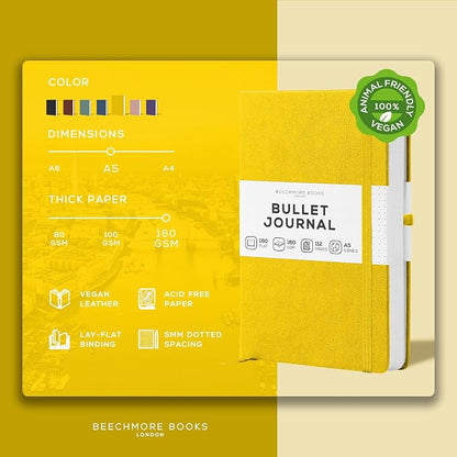 BEECHMORE BOOKS A5 Dotted Journal – 160gsm Thick Paper No-Bleed Bullet Notebook – Hardcover Dot Grid Logbook with Presentation Gift Box – Vegan Leather Sketchbook for Artists & Professionals