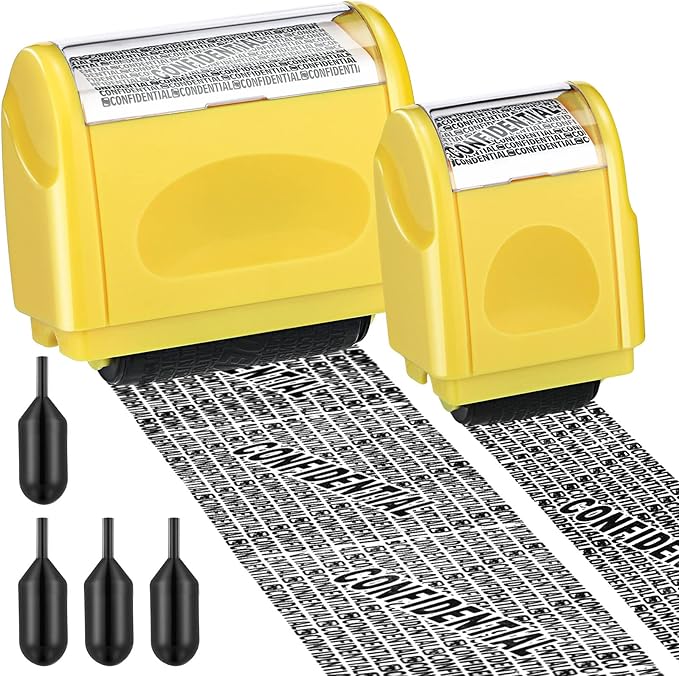 Nezyo 2 Pack Identity Protection Roller Stamp Identity Theft, Confidential, Privacy Roller Stamp Information Blocker and 4 Pack Refill Ink for ID Account Data Address Security(Yellow)