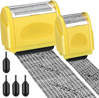 Nezyo 2 Pack Identity Protection Roller Stamp Identity Theft, Confidential, Privacy Roller Stamp Information Blocker and 4 Pack Refill Ink for ID Account Data Address Security(Yellow)