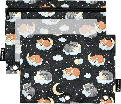Emelivor Cute Fox Clouds Pencil Pouch for 3 Ring Binder 2 Pcs Binder Pouches with Zipper Pocket Pencil Case Bag with Clear Window for Storing College Office Supplies