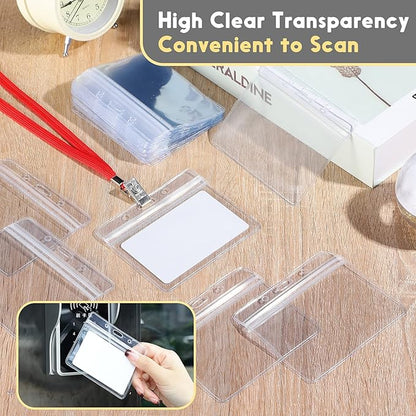 Marspark 100 Pieces Clear Plastic Horizontal Name Badge ID Card Holders with Waterproof Type Resealable Zip, 3.54 x 2.36 in, Transparent PVC Sleeve for Office Back to School Supplies