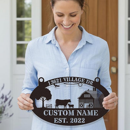Custom Farmhouse Metal Sign | Personalized Last Name & Established Date Farm Scene Wall Art | Metal Farm Wall Art & Garden Decor | Unique Farmer Gift, Housewarming, or Ranch Decoration