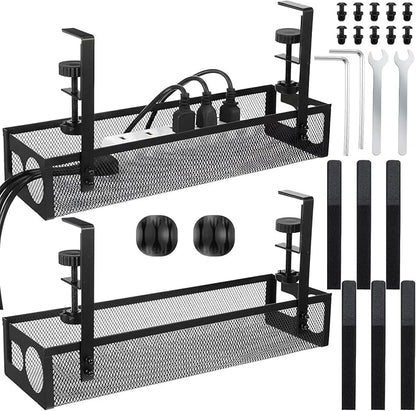 2 Pack Under Desk Cable Management Tray, 15 Inch No Drill Metal Mesh Organizer with Hybrid Side Slots, Wire Holder Storage Rack for Office Home Desk