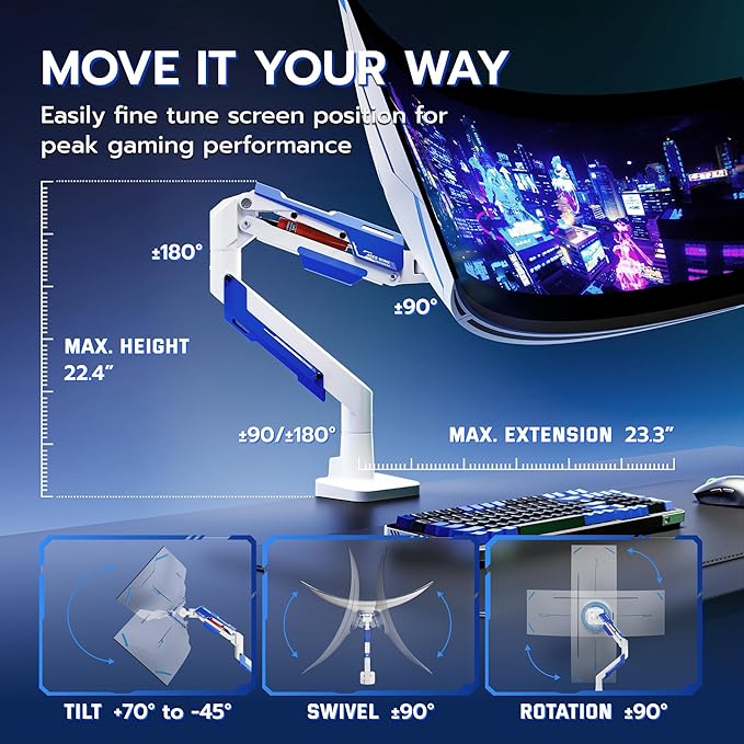 ARES WING Heavy Duty Single Monitor Arm - Gas Spring Aluminum Monitor Mount for 24"-57" Ultrawide Screens up to 66 lbs with Clamp/Grommet Desk Mount, 75/100/200 Vesa Mount, White