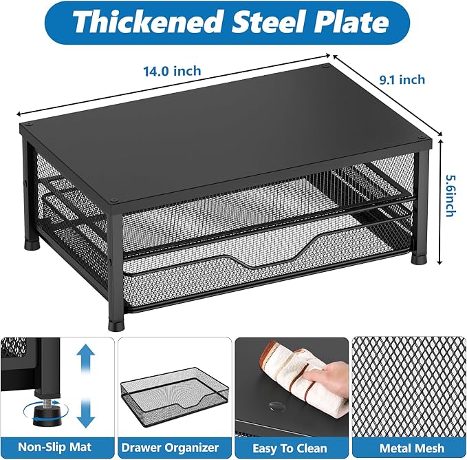 OPNICE Computer Monitor Stand Riser, Desk Organizer with Drawer, Laptop Stand, Office Desk Accessories & Workspace Desktop Organizers Storage for Office Supplies(Black)