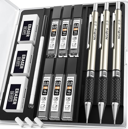 Nicpro 0.9 mm Art Mechanical Pencil Set in Storage Case, 3 PCS | Metal Drafting Pencil Lead Pencil+6 Tube HB Lead Refill, 12 Eraser, Comfort Grip For School Writing, Artist Drawing Sketching