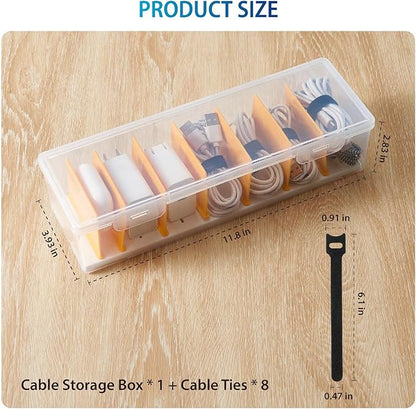 Fzooua Cable Organizer Storage Box with 8 Cable Ties, Clear Phone Charger Organizer Case Wire Organizers for Cords Electronic Storage Box for Drawer Desk Office Home (1 Pack)