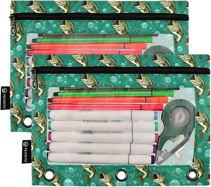 Deep Sea Fish Binder Pouches 3 Ring for Boys Girls School Office College Supplies Ocean Theme Fishman Pencil Pouches Case Bag with Clear Window and Zipper 2 Pack