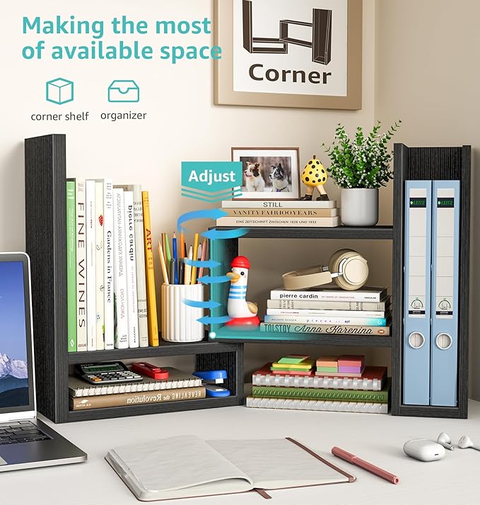Desktop File Organizer Desk Organizer Shelf - Black Office Organization Shelves for Top of Desk Organizers and Accessories Corner Bookshelf Table Top Shelving Small Hutch Decorations for Women Office