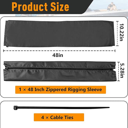 48 Inch Zippered Rigging Sleeve | Heavy Duty 600D Waterproof Marine Cable Organizer for Trolling Motor, Control Cables, Fuel Lines & Wires | Black with Cable Tie