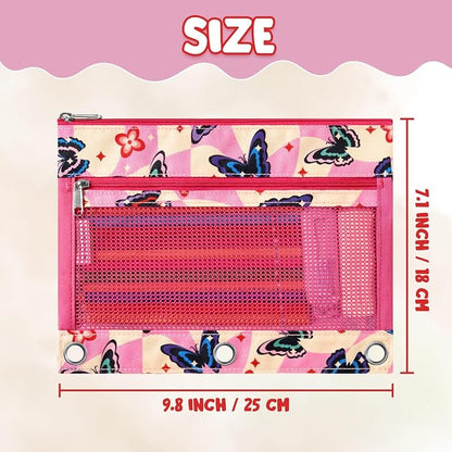 WAWSAM Butterfly 3 Ring Pencil Pouch, Zipper Pencil Pouch for Girls | 2 Pocket Clear Window Pencil Case, Pencil Pouch for 3 Ring Binder, Pencil Bags for School Supplies, Office, College