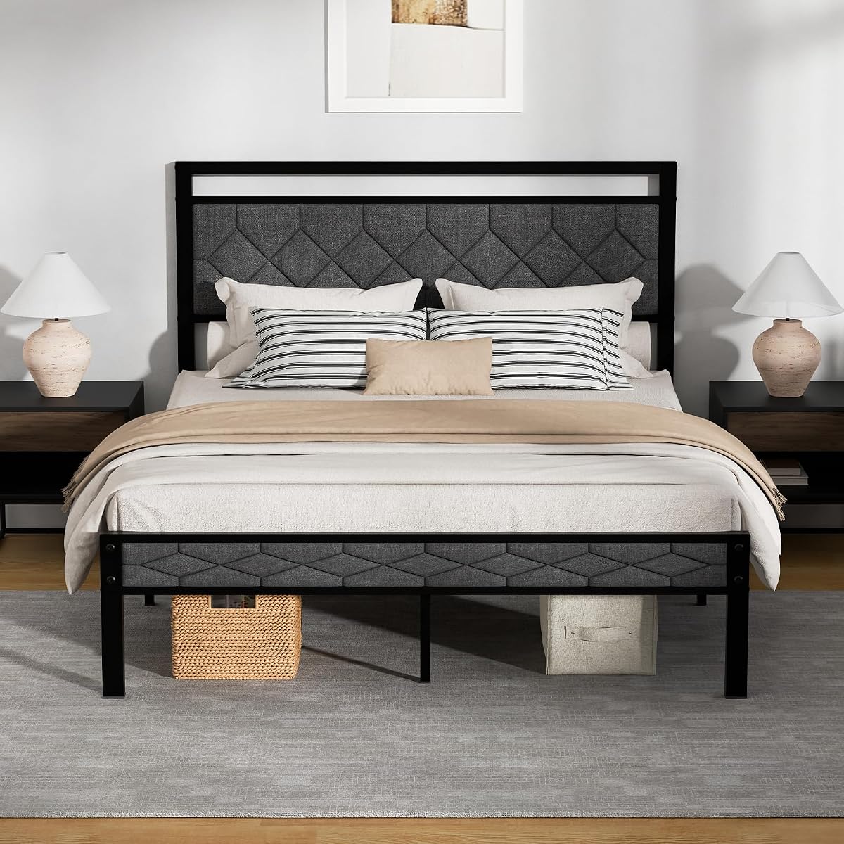 Easy Assembly Upholstered Queen Bed Frame&Soft Padded Headboard