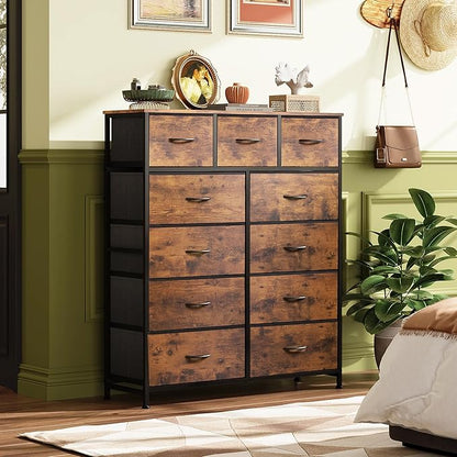 WLIVE Tall Dresser for Bedroom, Fabric Dressers Storage Tower, Dresser & Chest of Drawers Organizer Unit with 11 Drawers, Storage Cabinet, Hallway, Closets, Steel Frame, Wood Top, Rustic Brown
