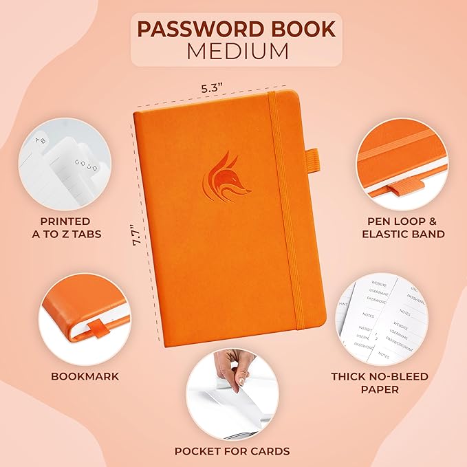 Clever Fox Password Book with alphabetical tabs. Internet Address Organizer Logbook. Medium Password Keeper for Website Logins (Orange)