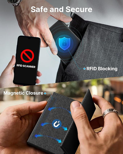 typecase Mens Wallet Card Holder: Pop Up Aluminum Case, Genuine Leather, Smart, RFID Blocking, Slim, Minimalist, Front Pocket - 9-14 Card Capacity | ID Window | Cash Slot (Deep Black)